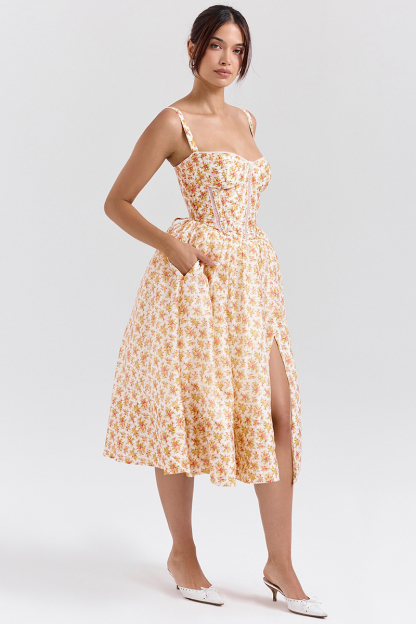 Floral Print Corset Lace Up Split Vacation Midi Dresses-Yellow-Hayhty.All Rights Reserved.