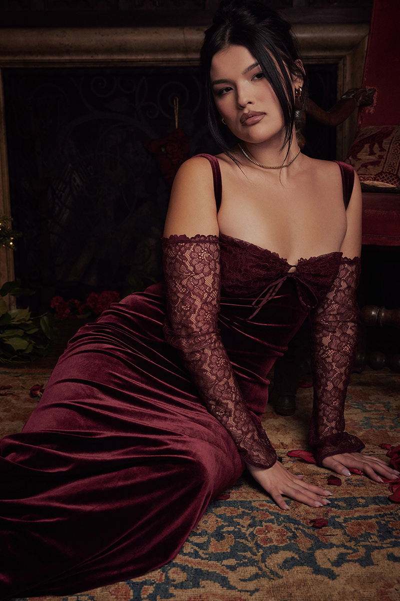 Cold Shoulder Lace Sleeve Bodycon Velvet Formal Party Maxi Dresses-Hayhty.All Rights Reserved.