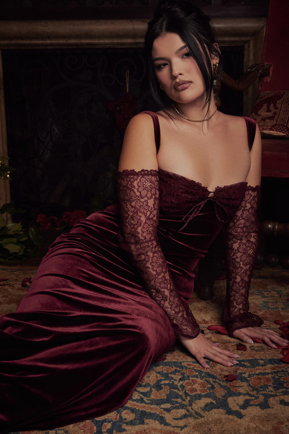 Cold Shoulder Lace Sleeve Bodycon Velvet Formal Party Maxi Dresses-Hayhty.All Rights Reserved.