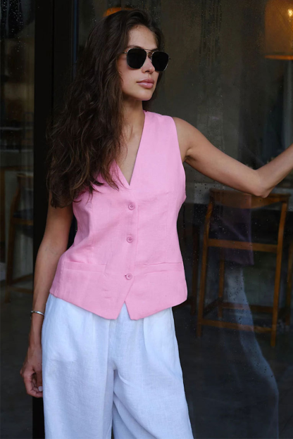 V Neck Solid Color Casual Vest-Green-Hayhty.All Rights Reserved.