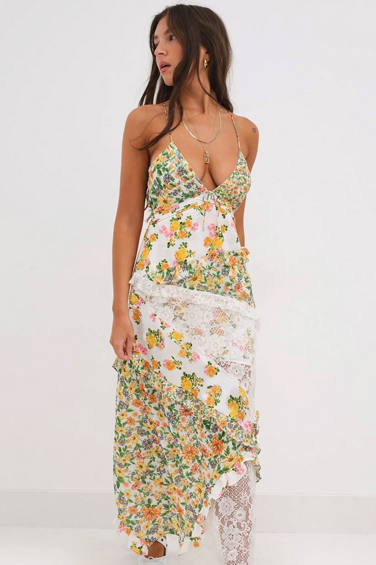 Ditsy Floral Print Deep V Neck Lace Patchwork Backless Slip Maxi Dresses-Green-Hayhty.All Rights Reserved.