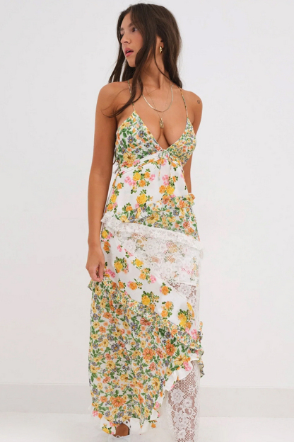 Ditsy Floral Print Deep V Neck Lace Patchwork Backless Slip Maxi Dresses-Green-Hayhty.All Rights Reserved.