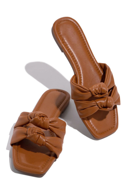 PU Leather Knotted Cutout Pleated Flat Slippers-Hayhty.All Rights Reserved.