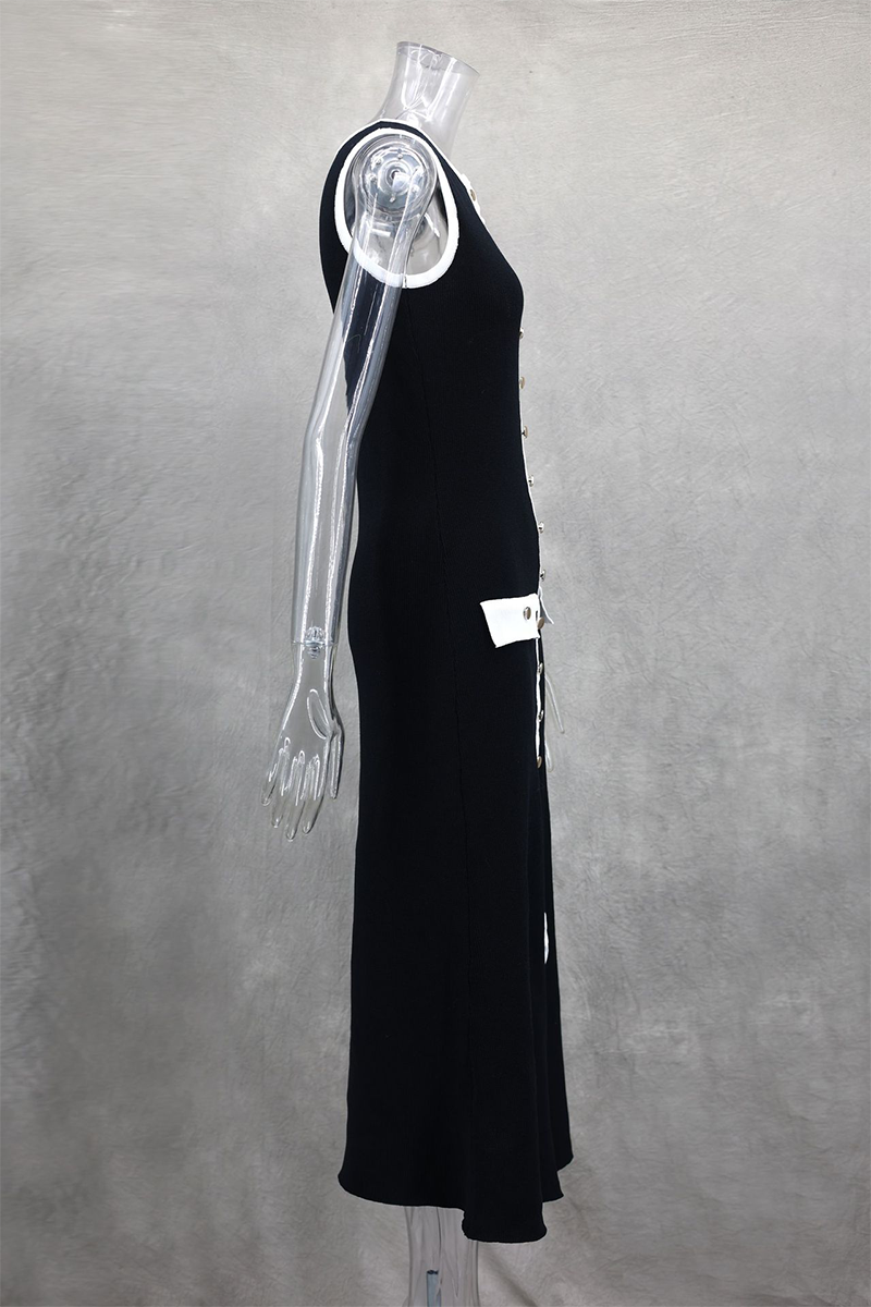 Colorblock Trim Round Neck Slim Fit Button Up Knit Midi Tank Dresses-Black-Hayhty.All Rights Reserved.
