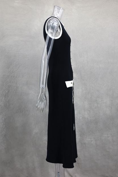 Colorblock Trim Round Neck Slim Fit Button Up Knit Midi Tank Dresses-Black-Hayhty.All Rights Reserved.