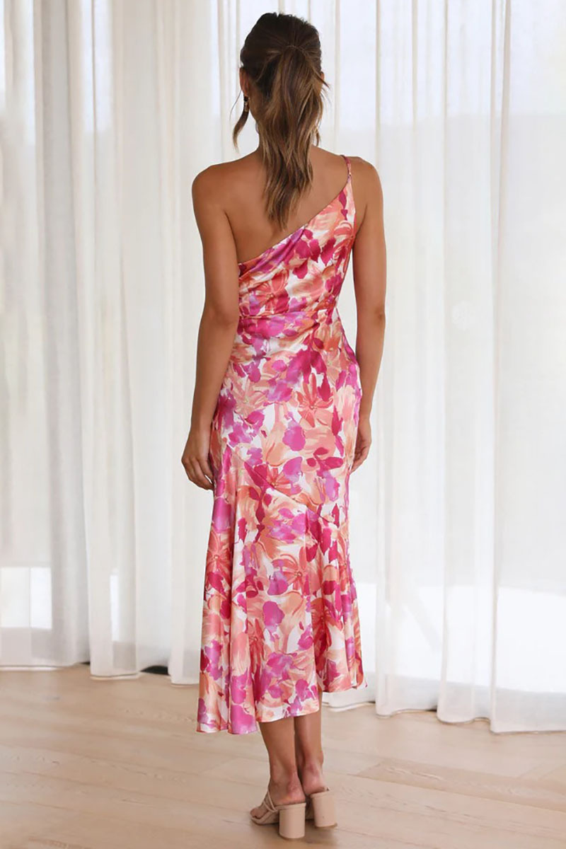 Floral Print One Shoulder Asymmetric Midi Dresses-Hayhty.All Rights Reserved.
