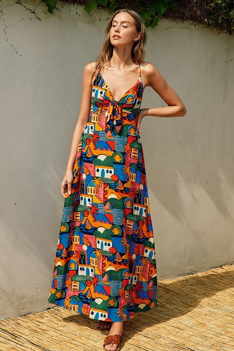 Multicolor Pattern Deep V Neck Backless Slip Maxi Dresses-Red-Hayhty.All Rights Reserved.