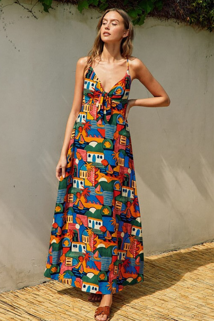 Multicolor Pattern Deep V Neck Backless Slip Maxi Dresses-Red-Hayhty.All Rights Reserved.