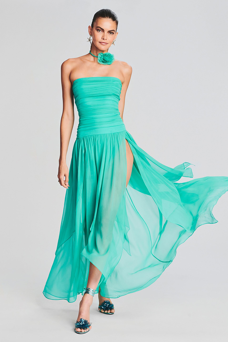 Strapless Boat Neck Ruched Pleated High Slit Tulle Formal Party Maxi Dresses-Hayhty.All Rights Reserved.