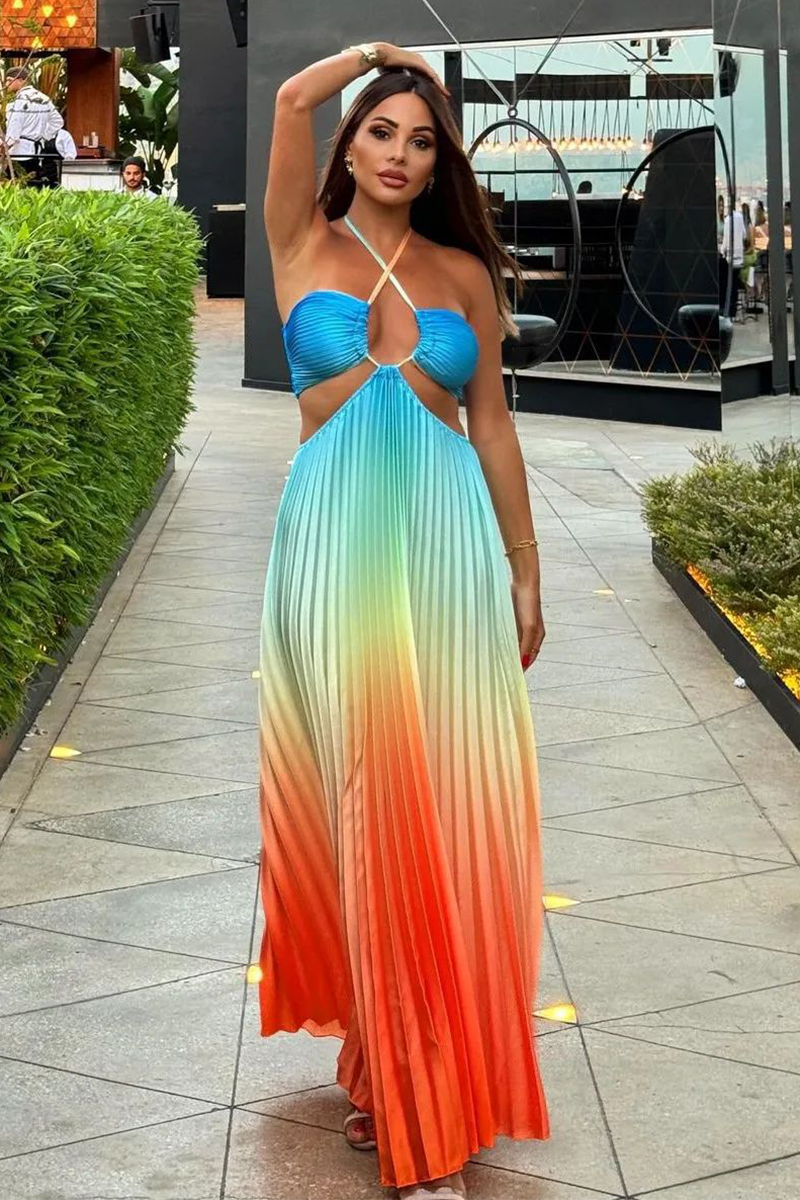 Gradient Color Cross Halter Cutout Backless Pleated Maxi Dresses-Blue-Hayhty.All Rights Reserved.