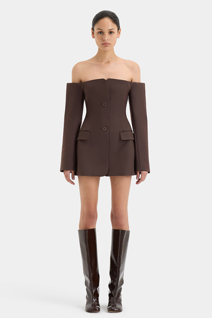 Off Shoulder Long Sleeve Button Up Slim Fit Mini Dresses-Beige-Hayhty.All Rights Reserved.