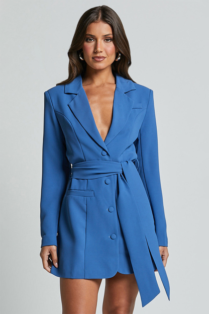 Notch Lapel Long Sleeve Button Up Tie Belt Plain Blazer Mini Dresses-Blue-Hayhty.All Rights Reserved.