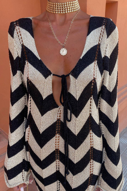 Colorblock Wavy Crochet Long Sleeve Vacation Cover-Up Maxi Dresses-Black-Hayhty.All Rights Reserved.
