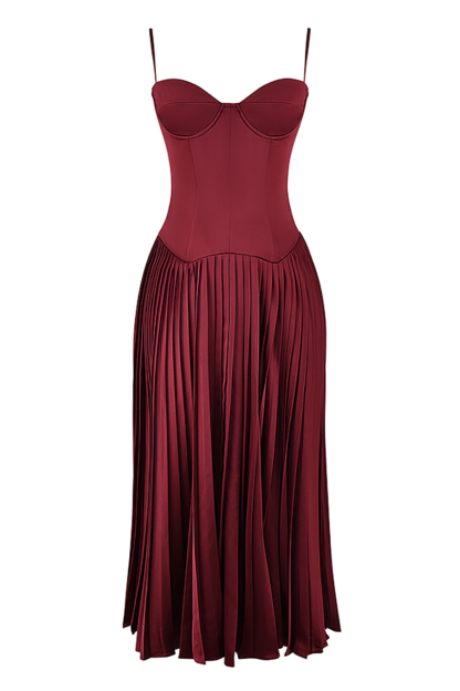 Irregular Neck Corset A-Line Pleated Hem Satin Slip Midi Dresses-Burgundy-Hayhty.All Rights Reserved.