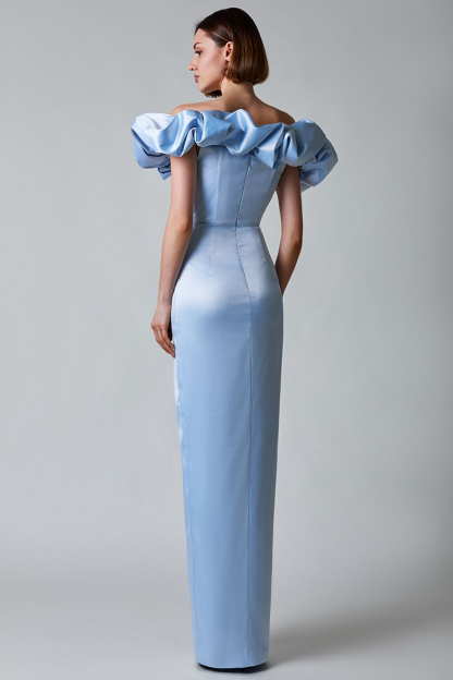 Puffy Ruffled Trim Off Shoulder Corset Slit Formal Party Maxi Dresses-White-Hayhty.All Rights Reserved.