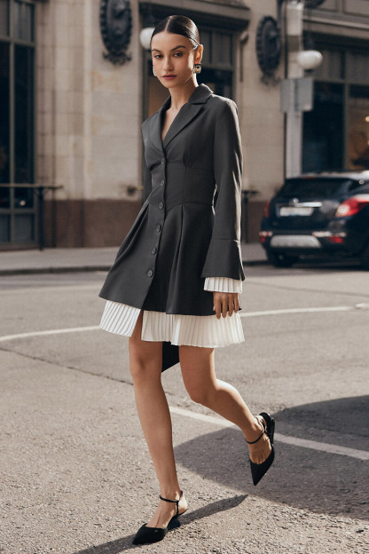 Long Sleeve Button Up Colorblock Pleated Blazer Mini Dresses-Grey-Hayhty.All Rights Reserved.