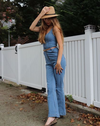 Square Neck Corset Front Zip Flared Leg Denim Strappy Jumpsuit-Blue-Hayhty.All Rights Reserved.