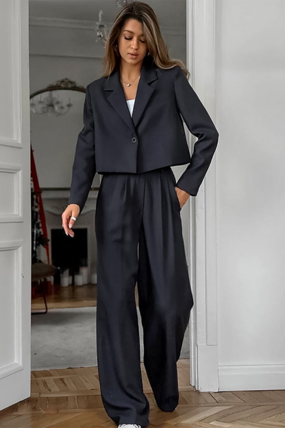 Notch Lapel Crop Blazer Wide Leg Pants Matching Set-DarkGray-Hayhty.All Rights Reserved.