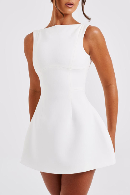 Solid Color A-Line Backless Mini Tank Dresses-White-Hayhty.All Rights Reserved.