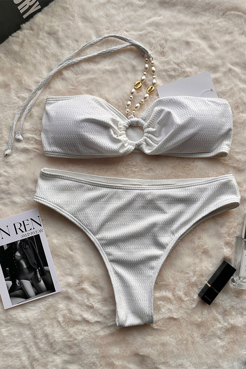 Pearls Chain Decor Halter Neck Ruched Bikini Two-Piece Set-Green-Hayhty.All Rights Reserved.