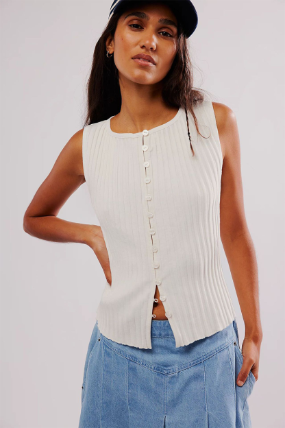 Pleated Solid Color Knit Button Up Tank Top-Yellow-Hayhty.All Rights Reserved.