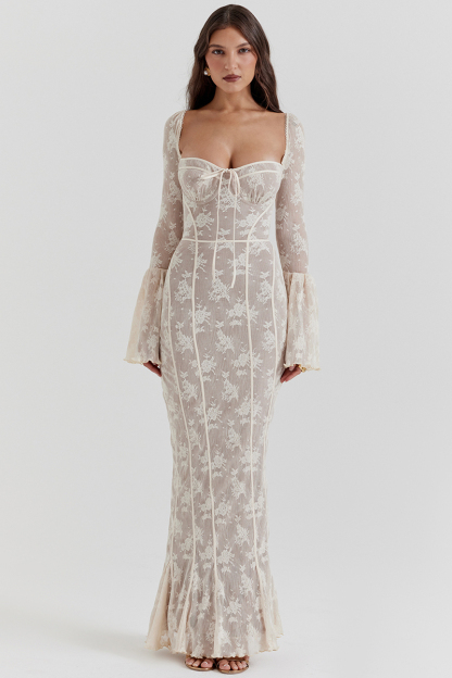 Square Neck Long Flare Sleeve Jacquard Fishtail Garden Party Maxi Dresses-White-Hayhty.All Rights Reserved.
