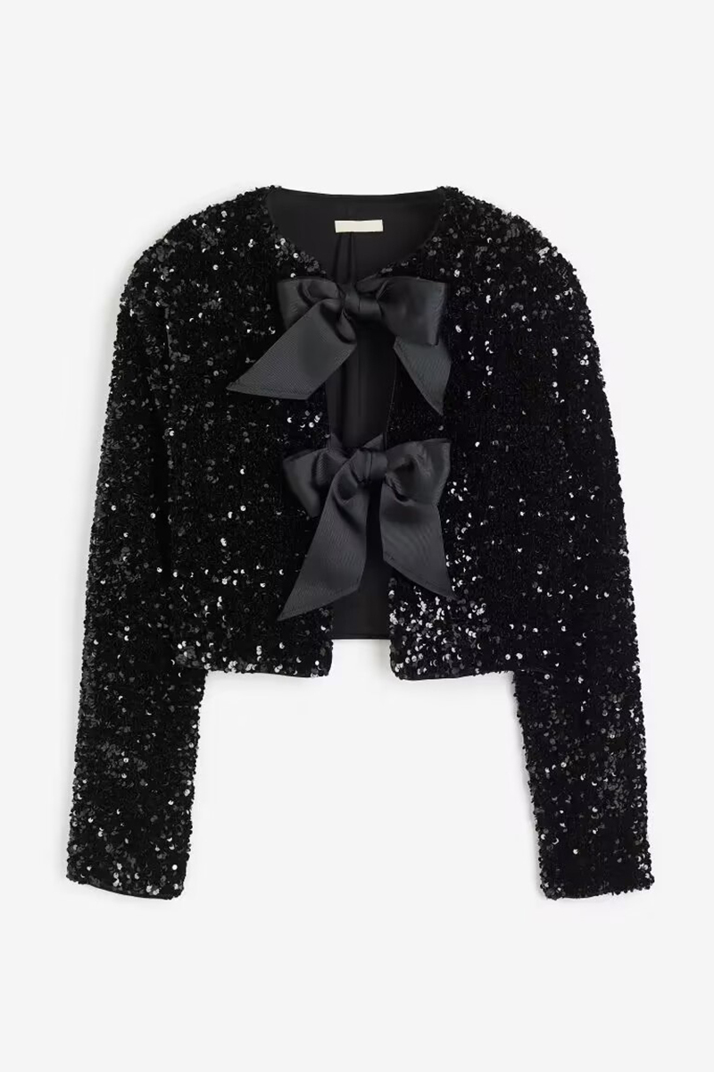 Sequin Colorblock Ribbon Decor Long Sleeve Coat-Hayhty.All Rights Reserved.