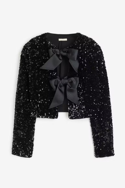 Sequin Colorblock Ribbon Decor Long Sleeve Coat-Hayhty.All Rights Reserved.