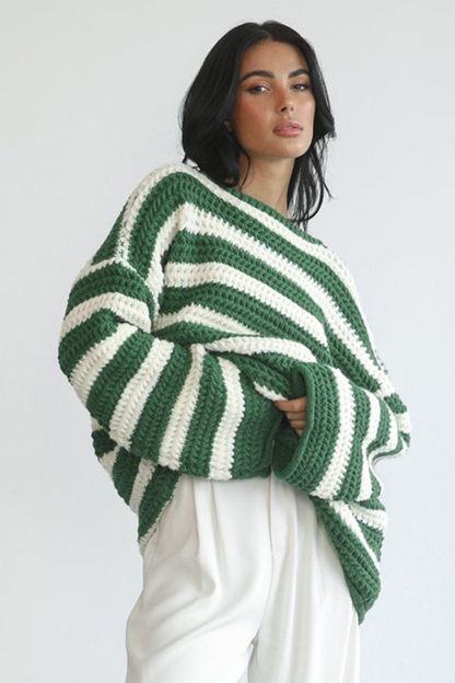 Striped Colorblock Knit Long Sleeve Casual Sweater-Green-Hayhty.All Rights Reserved.