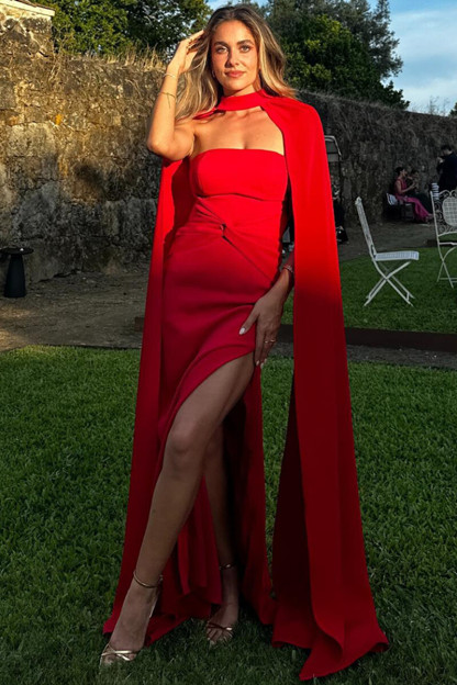 Strapless High Slit Maxi Dresses Halter Neck Cape 2pcs Set-Red-Hayhty.All Rights Reserved.