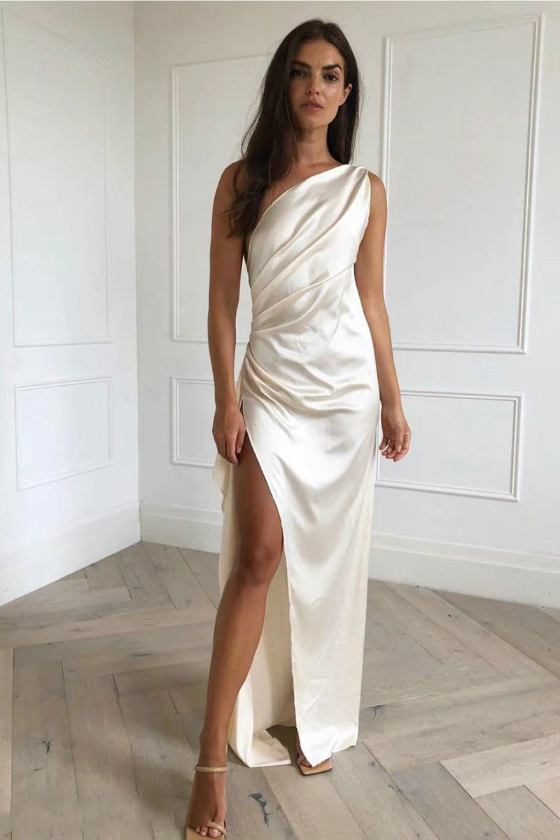 One Shoulder Backless Asymmetric Slit Prom Maxi Dresses-Hayhty.All Rights Reserved.