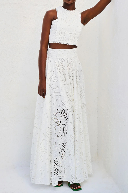 Hollow Out Pattern Sleeveless Crop Top High Waist Maxi Skirt Matching Set-Blue-Hayhty.All Rights Reserved.
