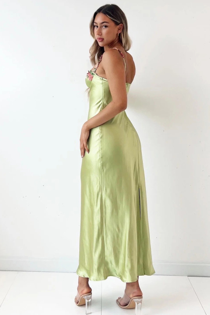 Embroidered Flower Boat Neck High Slit Satin Slim Garden Party Slip Maxi Dresses-Hayhty.All Rights Reserved.