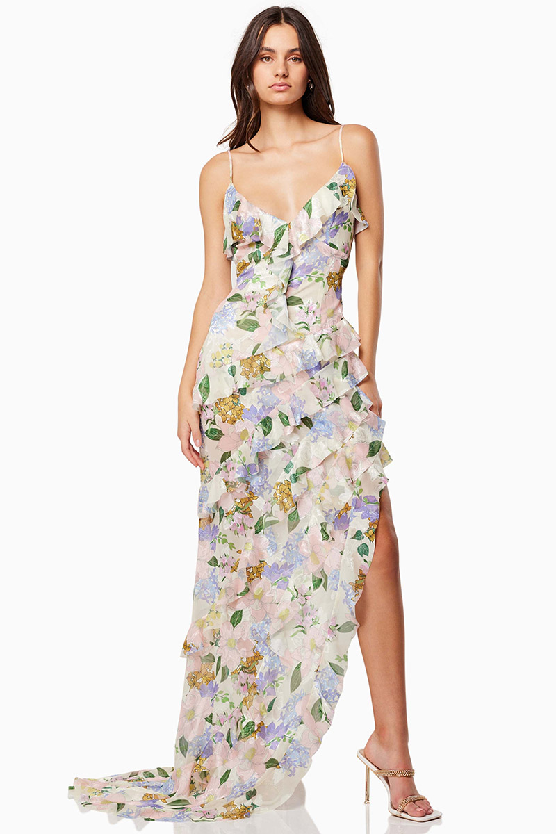 Floral Print Ruffled V Neck High Slit Tiered Maxi Dresses-Pink-Hayhty.All Rights Reserved.