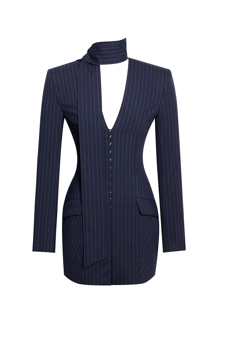 Long Sleeve Deep V Pinstripes Blazer Mini Dresses-Navy-Hayhty.All Rights Reserved.