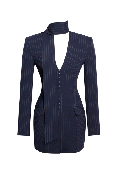 Long Sleeve Deep V Pinstripes Blazer Mini Dresses-Navy-Hayhty.All Rights Reserved.