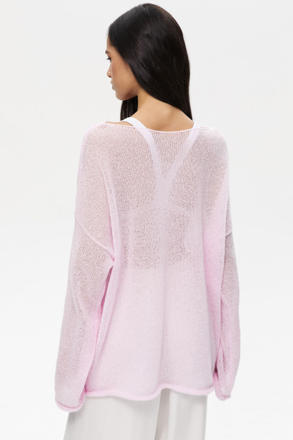 See Through Knit Flare Sleeve Loose Fit Solid Color Top-White-Hayhty.All Rights Reserved.