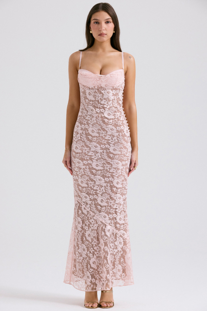 Floral Lace Backless Slim Fit Spaghetti Strap Maxi Dresses-Pink-Hayhty.All Rights Reserved.