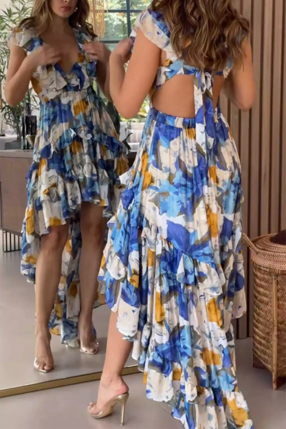 Deep V Neck Floral Print Backless High-Low Hem Maxi Dresses-Blue-Hayhty.All Rights Reserved.