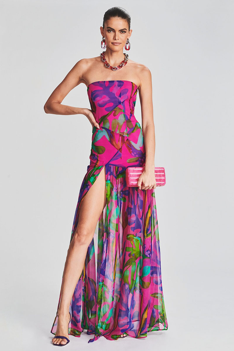 Tropical Print Strapless Mesh Patchwork Slit Hem Vacation Maxi Dress-Hayhty.All Rights Reserved.