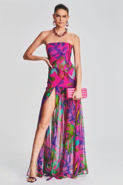 Tropical Print Strapless Mesh Patchwork Slit Hem Vacation Maxi Dress-Hayhty.All Rights Reserved.