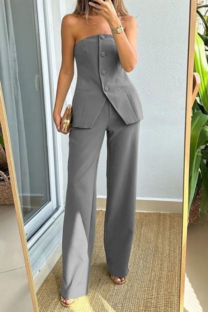 Button Up Boat Neck Slit Tube Top Straight Leg Pants Matching Set-Green-Hayhty.All Rights Reserved.