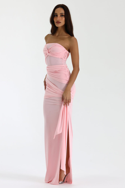 Twisted Ruched Bodycon Side Slit Gowns Strapless Maxi Dresses-Pink-Hayhty.All Rights Reserved.
