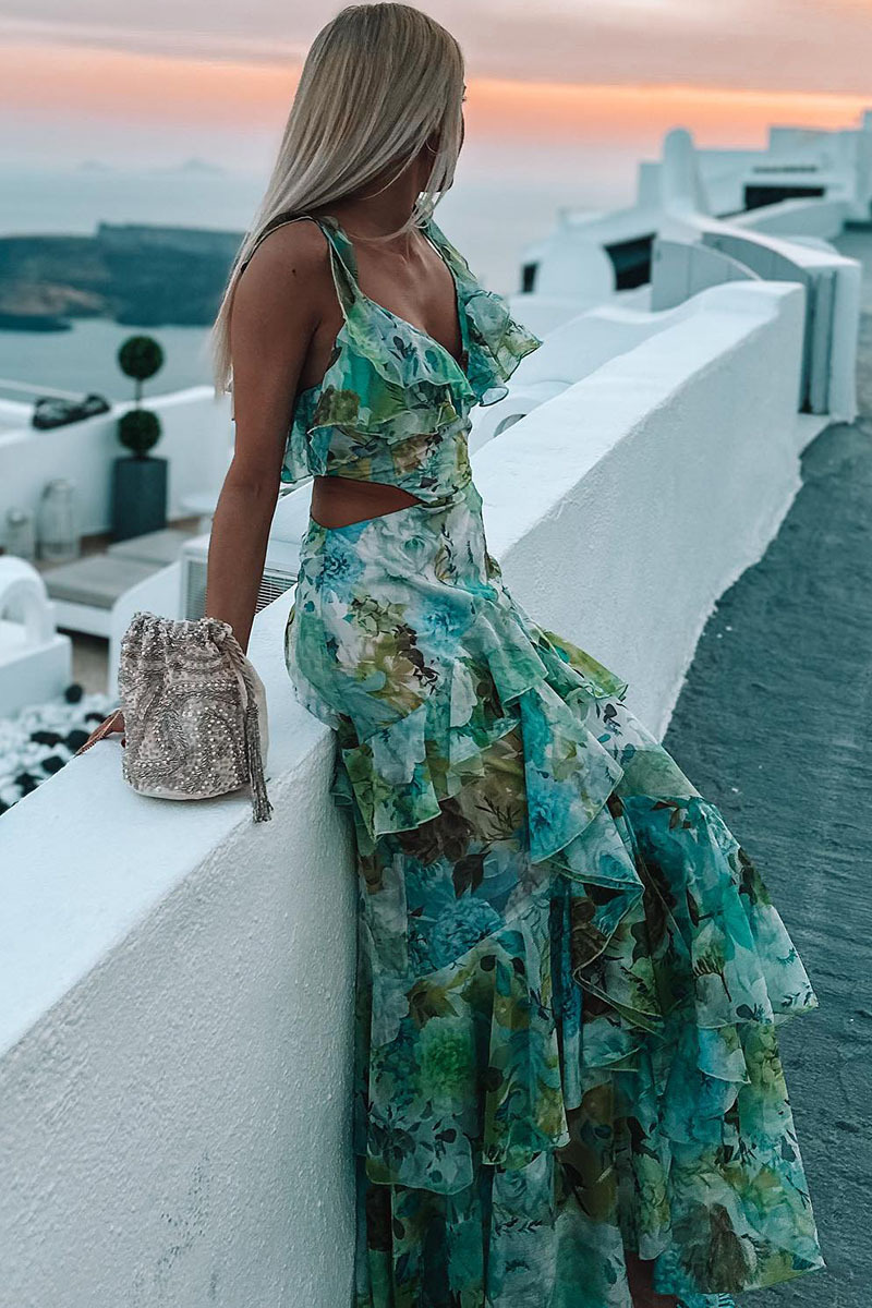 Floral Print V Neck Ruffle Cutout Layered Vacation Maxi Dresses-Hayhty.All Rights Reserved.