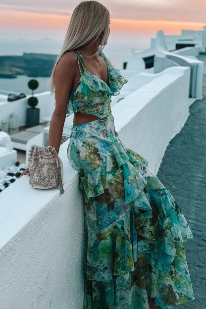 Floral Print V Neck Ruffle Cutout Layered Vacation Maxi Dresses-Hayhty.All Rights Reserved.
