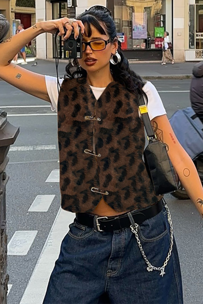 Leopard Pattern V Neck Safety Pins Outerwear Vest-LightBrown-Hayhty.All Rights Reserved.
