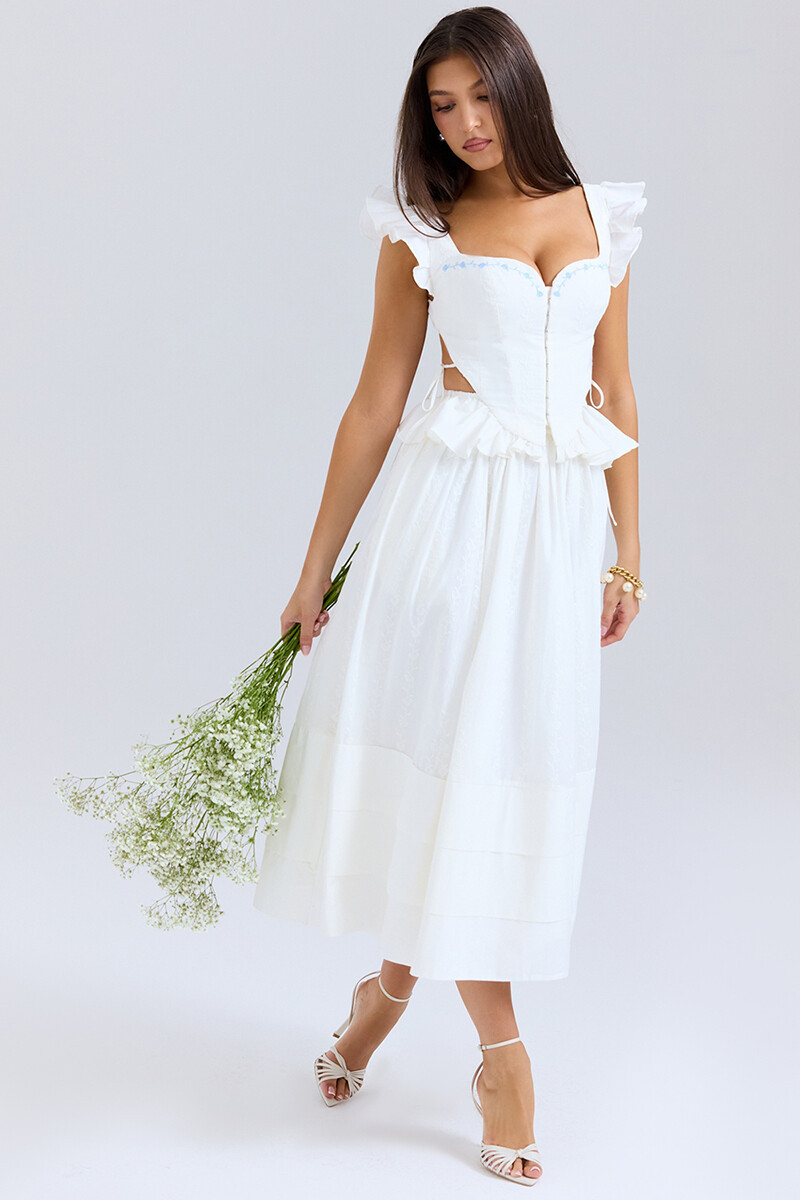Side Cutout Embroidery Ruffled Corset Midi Skirt 2pcs Set-White-Hayhty.All Rights Reserved.