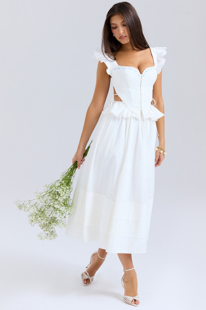 Side Cutout Embroidery Ruffled Corset Midi Skirt 2pcs Set-White-Hayhty.All Rights Reserved.
