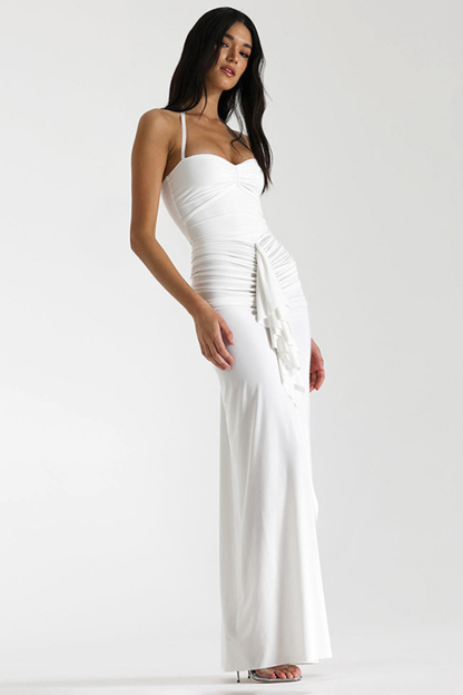 Ruched Ruffle Halter Slit Bodycon Evening Maxi Dresses-Hayhty.All Rights Reserved.