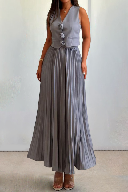 3D Flower Decor V Neck Vest Pleated Maxi Skirt Matching Set-White-Hayhty.All Rights Reserved.
